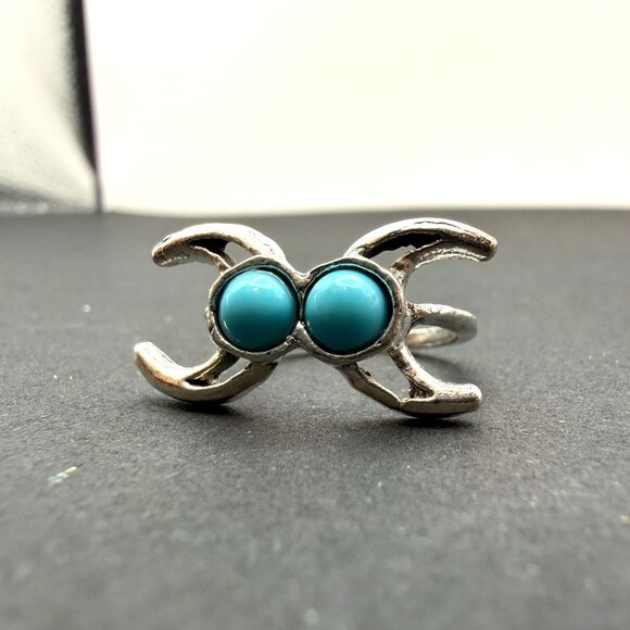 VTG Silver Tone Crescent Turquoise Double Stone Ring Boho Y2K Statement Jewelry - Picture 2 of 8